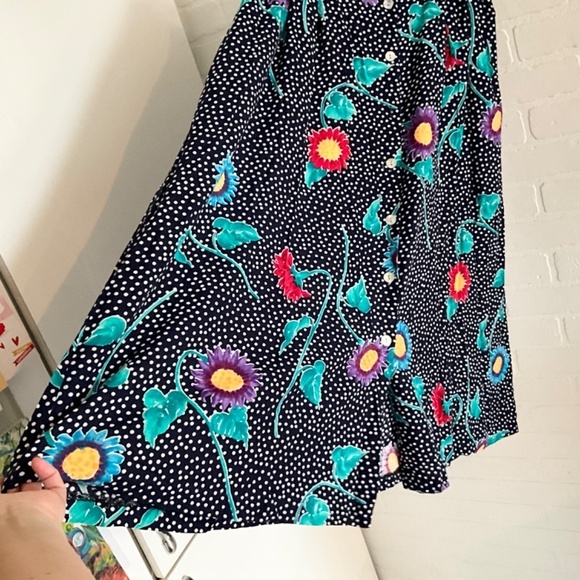 Vintage Maxi skirt Button down Navy Polka dot Dark Floral print Coquette 20W - Picture 3 of 8